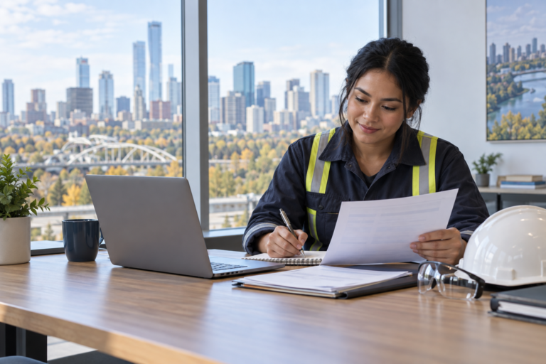 Temporary foreign worker in Edmonton reviewing a short professional course plan beside a laptop, hard hat and safety glasses